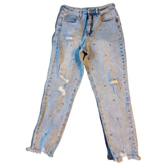 Material Girl Junior's Size 9 Straight Leg Destressed Blue Jeans - Picture 1 of 7